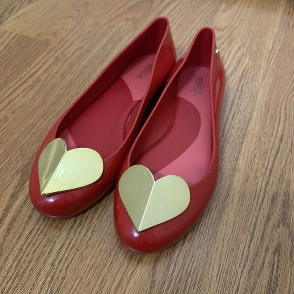 Melissa Red gold heart jelly Valentine space love slip on rubber flats size US 8 - Picture 1 of 8